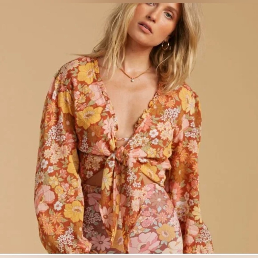 Billabong Rust Floral Tie-Front Blouse with Pink & Yellow Accents